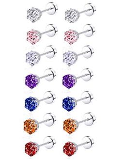 Tornito 7-14 Pairs Stainless Steel CZ Stud Earrings for Women Multicolor Cubic Zirconia Cartilage Helix Earrings Set Screwback 4MM