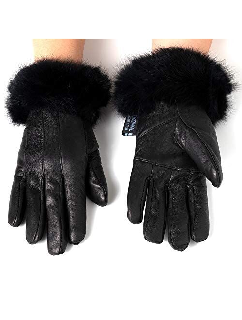 Alpine Swiss Womens Leather Dressy Gloves Rabbit Fur Trim Cuff Thermal Lining