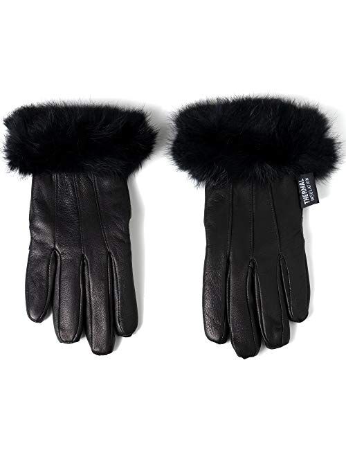 Alpine Swiss Womens Leather Dressy Gloves Rabbit Fur Trim Cuff Thermal Lining