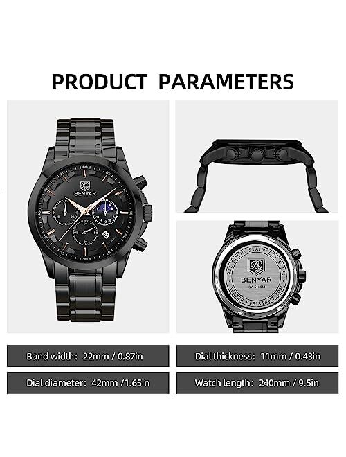 BENYAR Men's Watches Waterproof Sport Military Watch for Men Multifunction Chronograph Black Fashion Quartz Wristwatches Calendar with Leather Strap
