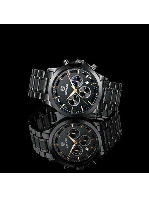 BENYAR Men's Watches Waterproof Sport Military Watch for Men Multifunction Chronograph Black Fashion Quartz Wristwatches Calendar with Leather Strap