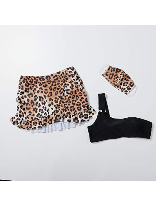 One Shoulder Women's Petite Bikini Sets Leopard Print Three-Piece mask Bikini Swimsuit for Women