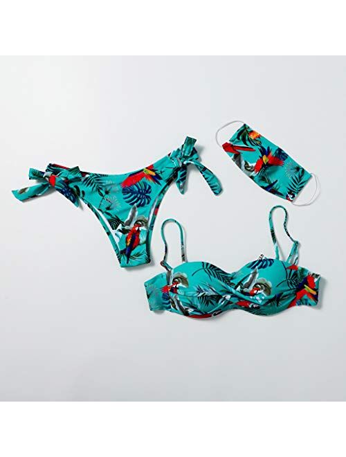 UMFun 3PCS Women Push-Up Padded Mask Swimsuit Trikini Swimwear Top Thong Bikini Set