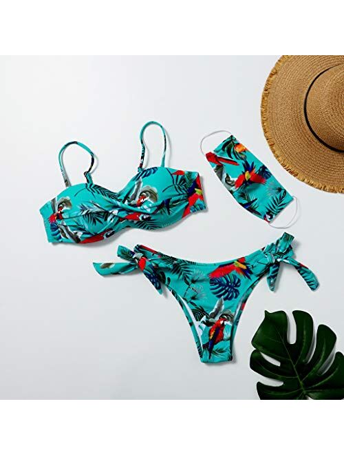 UMFun 3PCS Women Push-Up Padded Mask Swimsuit Trikini Swimwear Top Thong Bikini Set