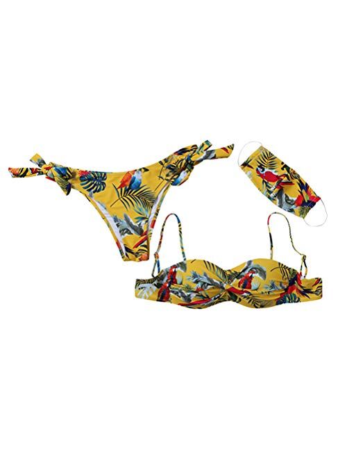 KESYOO 1 Set of 3Pcs Sexy Bikini Fashion Printing Swimsuit Thin Strap Bathing Suit Beachwear with Face Mask (Yellow Size S)