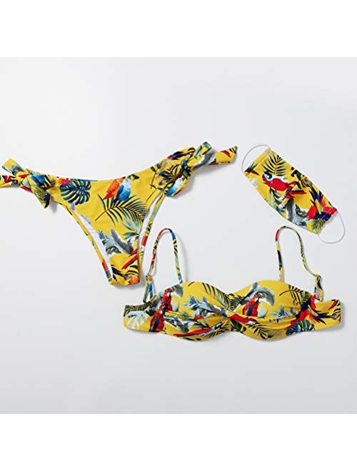KESYOO 1 Set of 3Pcs Sexy Bikini Fashion Printing Swimsuit Thin Strap Bathing Suit Beachwear with Face Mask (Yellow Size S)