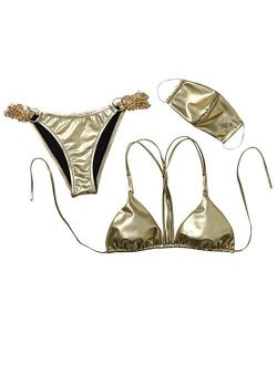 Women's Sexy Solid Tube top with mask Three-Piece Bikini Split Swimsuit
