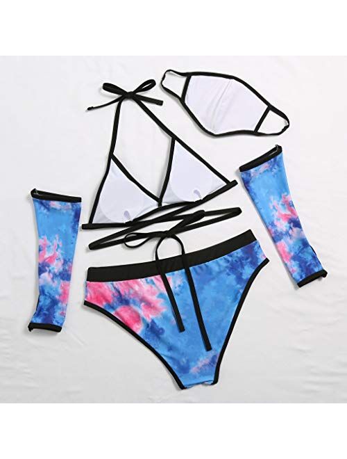 4PCS Women Push-Up Padded Mask Swimsuit Trikini Swimwear Top Thong Bikini Set