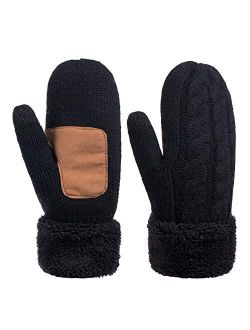 Winter Wool Mitten Gloves For Women, Warm Knit Touchscreen Thermal Cable Gloves With Thick Fleece Lining