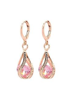 Comelyjewel Women's Earring with Hollow Design,Women Fashion Cubic Zirconia Water Drop Dangle Leaverback Earrings Jewelry Gift - Pink
