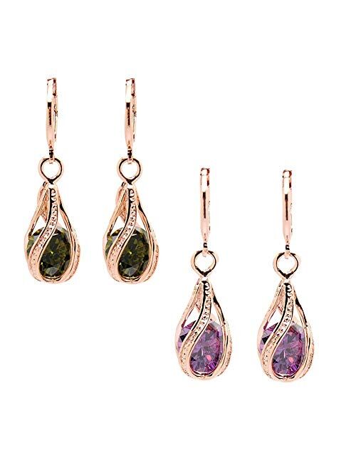 Comelyjewel Women's Earring with Hollow Design,Women Fashion Cubic Zirconia Water Drop Dangle Leaverback Earrings Jewelry Gift - Pink
