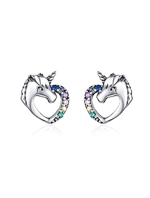 Hypoallergenic Stud Earrings for Girls Women S925 Sterling Silver Love Heart Cute Animal CZ Unicorn Gifts for Girl Women