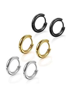 Stainless Steel Hoop Earrings for Men - Hinged Hoop Huggie Piercing Earrings Set For Men Women, Hypoallergenic Lobes Small Round Earrings