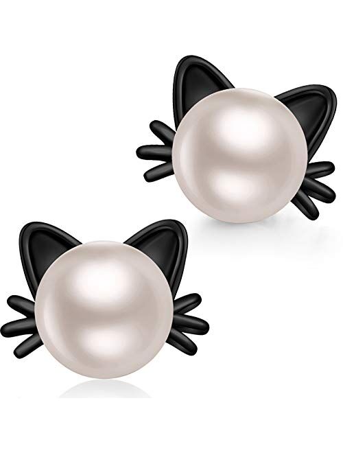 ZowBinBin Cat Ear Stud Earrings Freshwater Pearl Cat Earrings Sterling Silver Cat Ear Earrings Perfect for Women and Girls