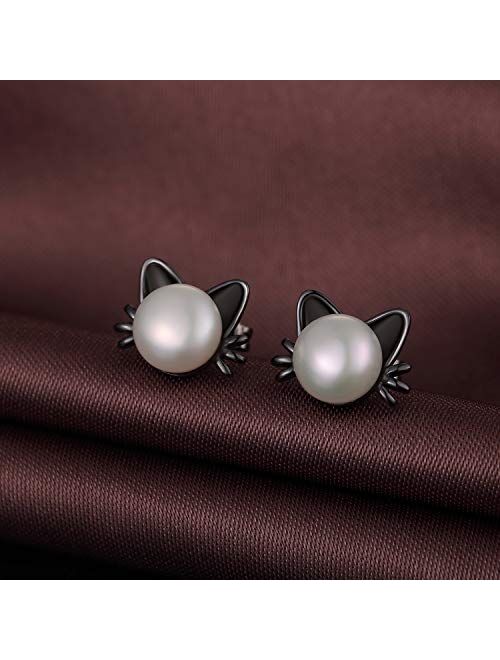 ZowBinBin Cat Ear Stud Earrings Freshwater Pearl Cat Earrings Sterling Silver Cat Ear Earrings Perfect for Women and Girls