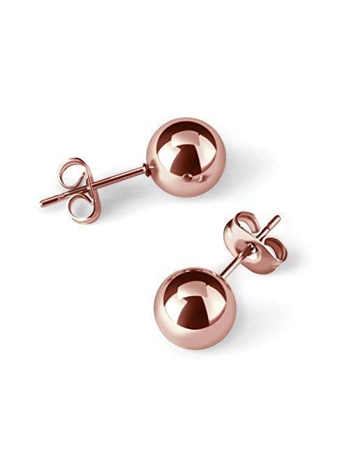 Stud Earring, UHIBROS 316L Stainless Steel 24K Rose Gold Hypoallergenic Studs Pearl Round Ball Earrings (Rose Gold)