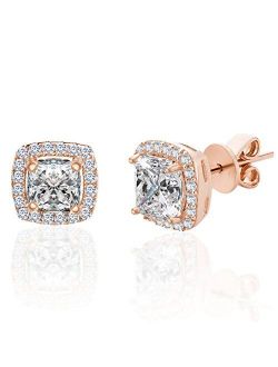 LESA MICHELE Sterling Silver 2 Cttw Cubic Zirconia Cushion Shaped Halo Stud Earrings for Women (Color Options)