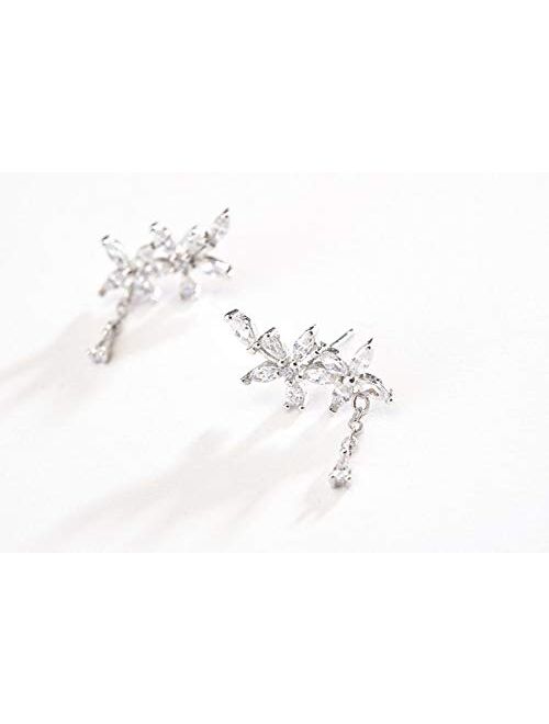 SLUYNZ 925 Sterling Silver Leaves Wrap Earrings Cuff for Women Teens Sparkling CZ Crystals Crawler Earrings Dangling Chain