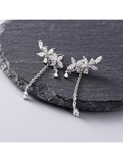 SLUYNZ 925 Sterling Silver Leaves Wrap Earrings Cuff for Women Teens Sparkling CZ Crystals Crawler Earrings Dangling Chain