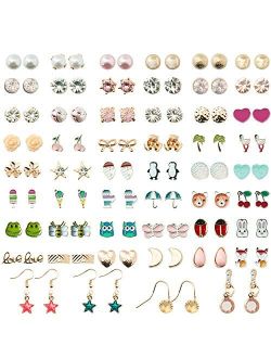 NEWITIN 52 Pairs Colorful Cute Stud Hypoallergenic Earrings Stainless Steel Earrings for Girls and Women
