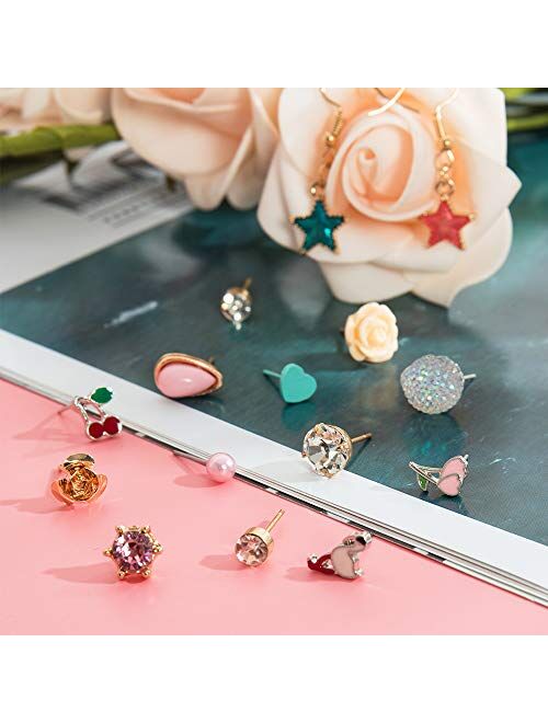 NEWITIN 52 Pairs Colorful Cute Stud Hypoallergenic Earrings Stainless Steel Earrings for Girls and Women