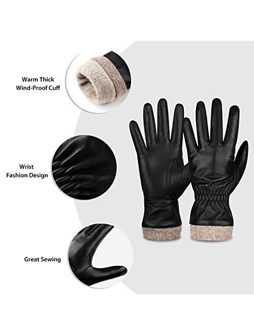 Genuine Sheepskin Leather Gloves For Women, Winter Warm Touchscreen Texting Cashmere Lined Driving Motorcycle Dress Gloves