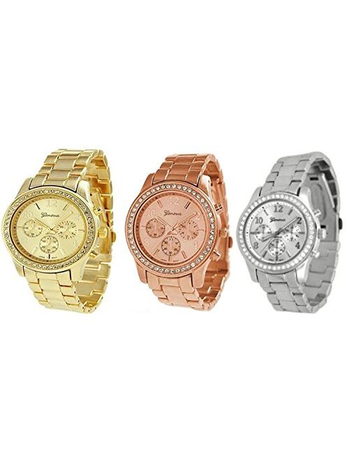 NYKKOLA Unisex Metal Watches, 3PCs Silver Gold and Rose Gold Plated Classic Round Geneva Ladies Watch