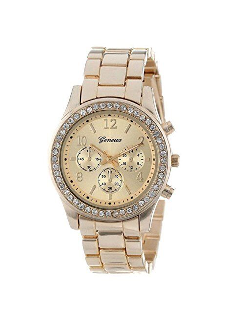 Geneva Chronograph Look Watch with Crystals..Gold Tone Metal Link