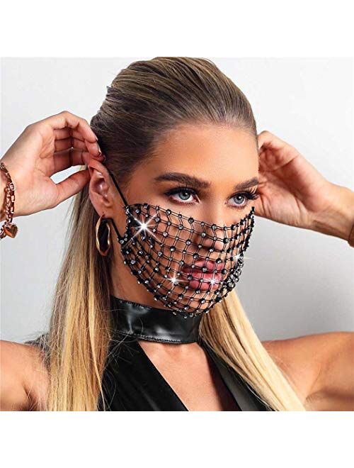 Urieo Sparkly Rhinestones Mesh Mask Elastic Chain Crystal Sparkle Masquerade Masks Halloween Ball Party Nightclub Rave Festival Venetian Mardi Gras Jewelry for Women and 