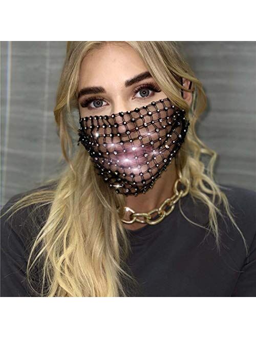 Urieo Sparkly Rhinestones Mesh Mask Elastic Chain Crystal Sparkle Masquerade Masks Halloween Ball Party Nightclub Rave Festival Venetian Mardi Gras Jewelry for Women and 