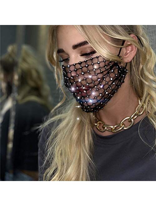 Urieo Sparkly Rhinestones Mesh Mask Elastic Chain Crystal Sparkle Masquerade Masks Halloween Ball Party Nightclub Rave Festival Venetian Mardi Gras Jewelry for Women and 