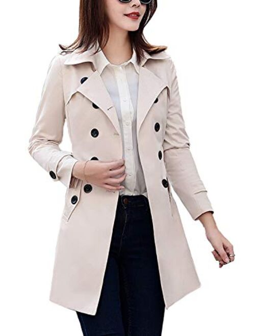 FARVALUE Women's Double Breasted Trench Coat Classic Belted Lapel Overcoat
