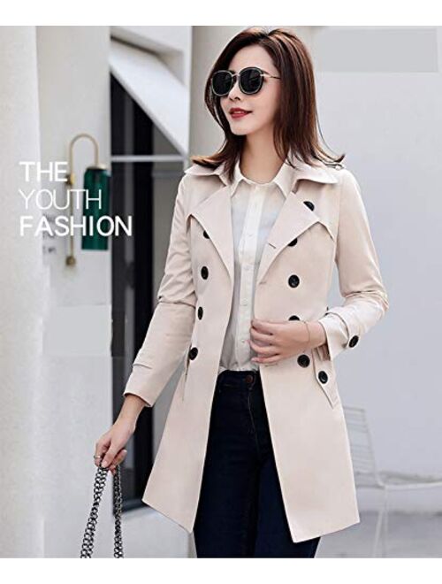 FARVALUE Women's Double Breasted Trench Coat Classic Belted Lapel Overcoat