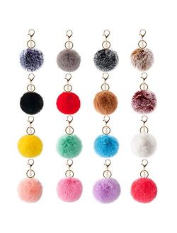 16 PCS Pom Poms Keychains Fluffy Faux Rabbit Fur Pompoms Balls for Girls Women (Mix Colors)
