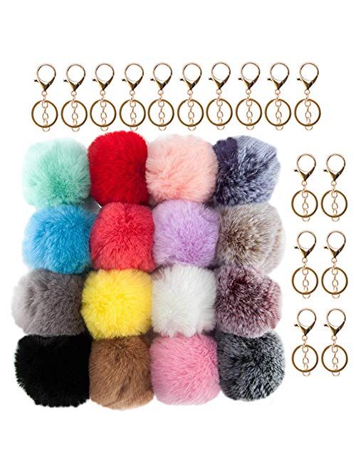 16 PCS Pom Poms Keychains Fluffy Faux Rabbit Fur Pompoms Balls for Girls Women (Mix Colors)
