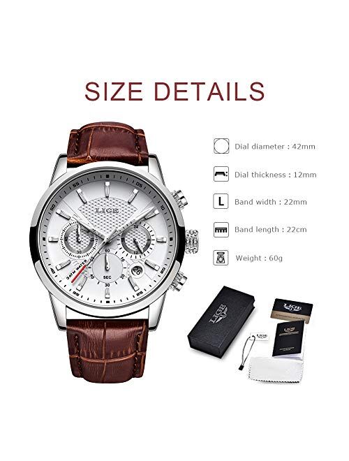 LIGE Men's Watches Leather Chronograph Waterproof Analog Quartz Stainless Steel Business Design Date Watches for Men Black/Silver Gents Wrist Watches