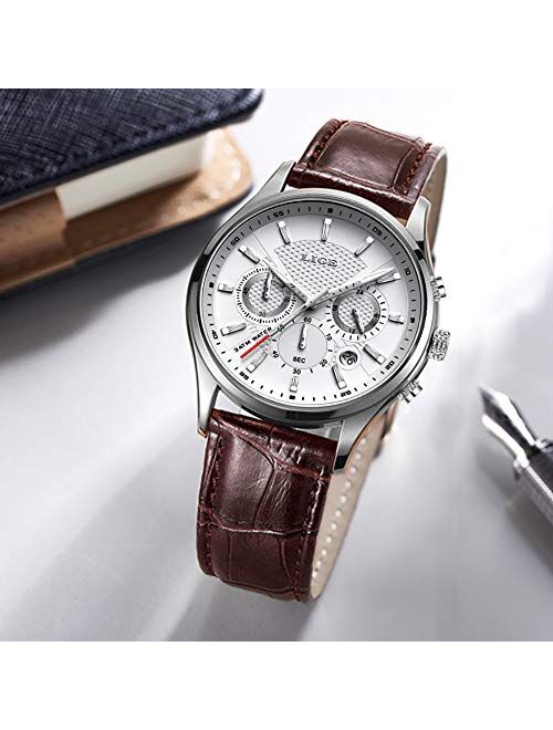 LIGE Men's Watches Leather Chronograph Waterproof Analog Quartz Stainless Steel Business Design Date Watches for Men Black/Silver Gents Wrist Watches