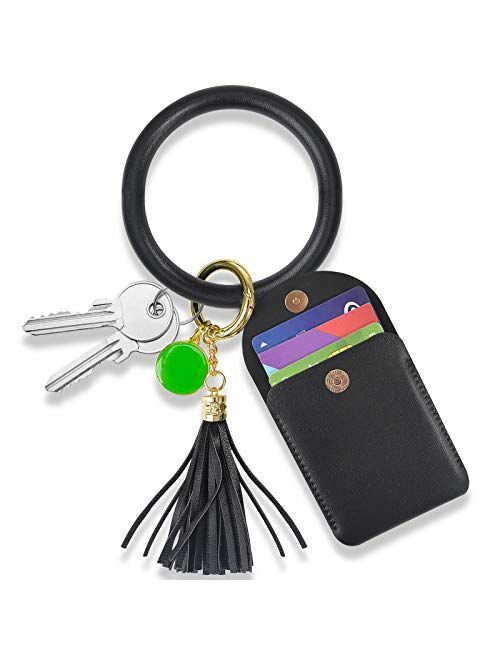 Wristlet Keychain Wallet, COCASES Key Ring Bracelet and Credit Card Pocket Leather Tassel Wrist Bangle Key Chains for Women Girl