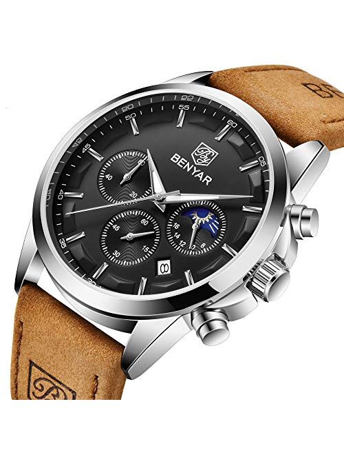 BENYAR - Wrist Watch for Men, Genuine Leather Strap Watches, Quartz Movement, Waterproof Analog Chronograph Watches