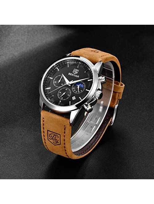 BENYAR - Wrist Watch for Men, Genuine Leather Strap Watches, Quartz Movement, Waterproof Analog Chronograph Watches