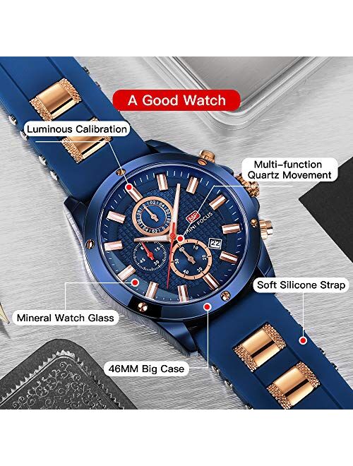 Men's Watch Analogue Military Chronograph Luminous Quartz Watch with Fashion Silicon Strap for Sport & Business Work MF0089G