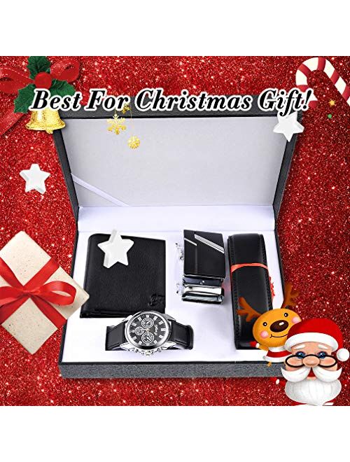 Souarts Birthday Gifts for Men-Watch Set for Men Artificial Leather Watch, Rachet Belt, Wallet and Mens Gifts Set Gifts Box Organizer