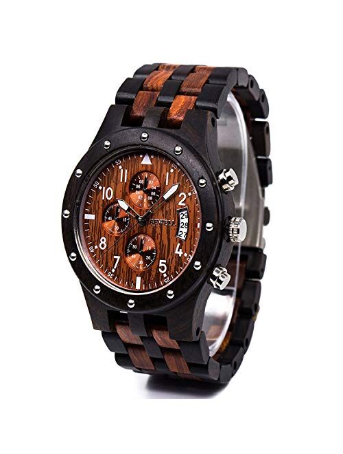 Bewell W109D Sub-dials Wooden Watch Quartz Analog Movement Date Wristwatch for Men