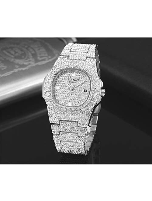 Luxury Mens/Womens Unisex Crystal Watch Bling Iced-Out Watch Oblong Silver/Gold Wristwatch Fashion Diamond Quartz Analog Watch with Stainless Steel Bracelet