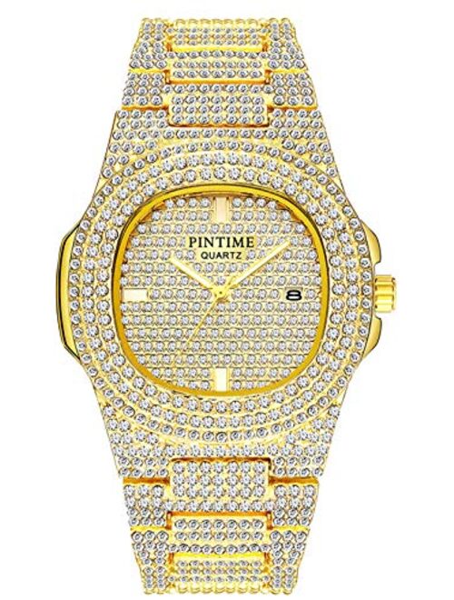Luxury Mens/Womens Unisex Crystal Watch Bling Iced-Out Watch Oblong Silver/Gold Wristwatch Fashion Diamond Quartz Analog Watch with Stainless Steel Bracelet