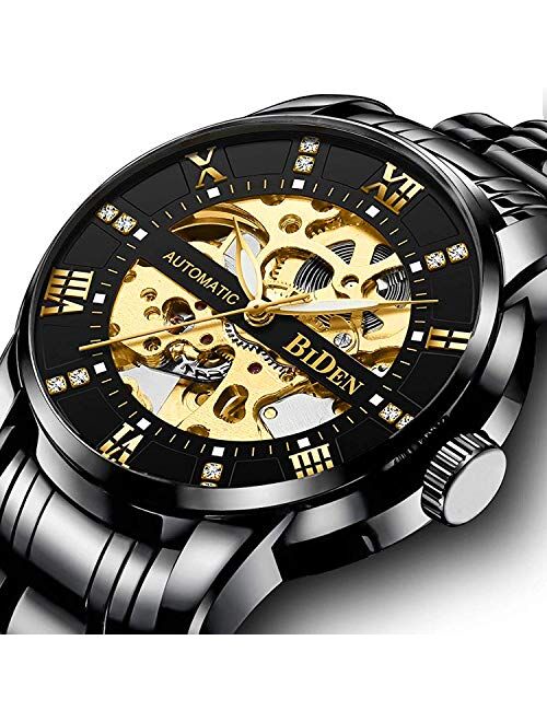 Mens Watches Mechanical Automatic Self-Winding Stainless Steel Skeleton Luxury Waterproof Diamond Dial Wrist Watches for Men