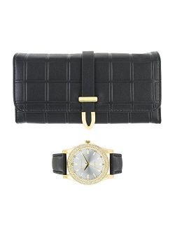 Women's Classy Leather Band Matching Watch & Tri-Fold Leather Wallet Set