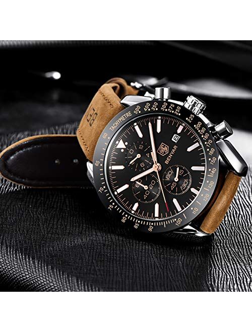 BENYAR - Stylish Wrist Watch for Men, Genuine Leather Strap Watches, Perfect Quartz Movement, Waterproof and Scratch Resistant, Analog Chronograph Business Watches