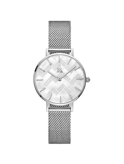 SHENGKE Creative Ultra Thin Minimalist Starry Sky Flower Dial Women Watch with Stainless Steel Mesh Band Genuine Leather Elegant Women Watches