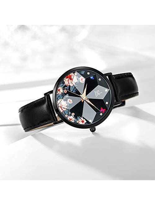 SHENGKE Creative Ultra Thin Minimalist Starry Sky Flower Dial Women Watch with Stainless Steel Mesh Band Genuine Leather Elegant Women Watches